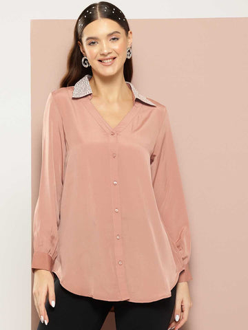 Caramel French crepe Sequins collar Shirt