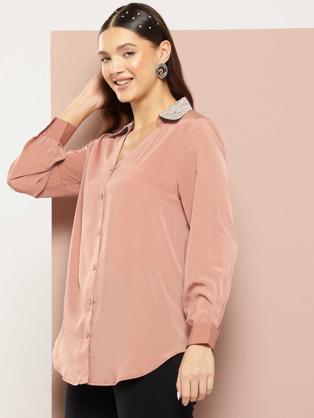 Caramel French crepe Sequins collar Shirt