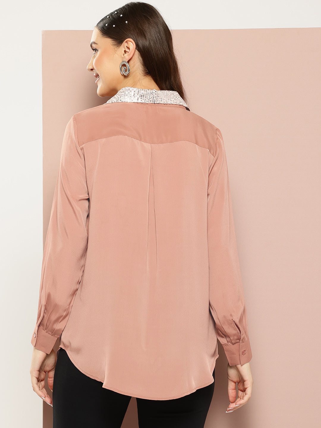 Caramel French crepe Sequins collar Shirt