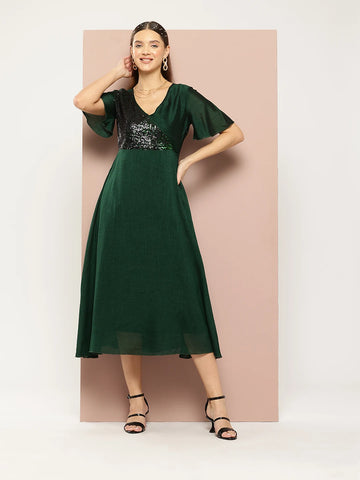 Green Silk Sequins Yoke Party Maxi Dress