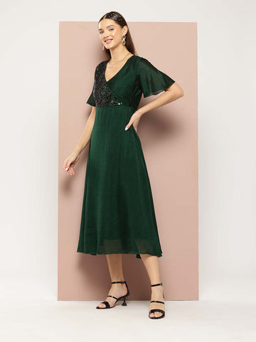 Green Silk Sequins Yoke Party Maxi Dress