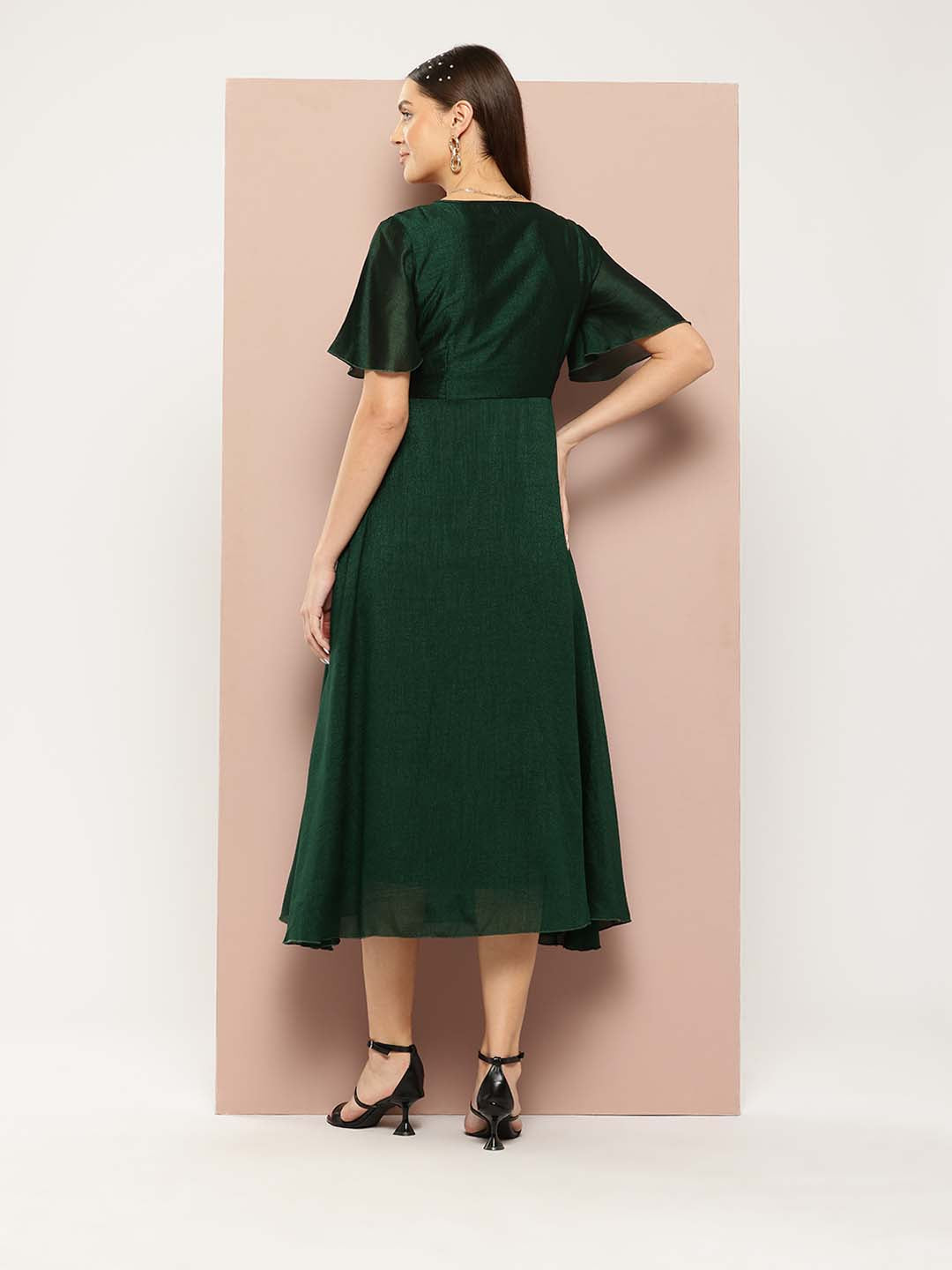Green Silk Sequins Yoke Party Maxi Dress