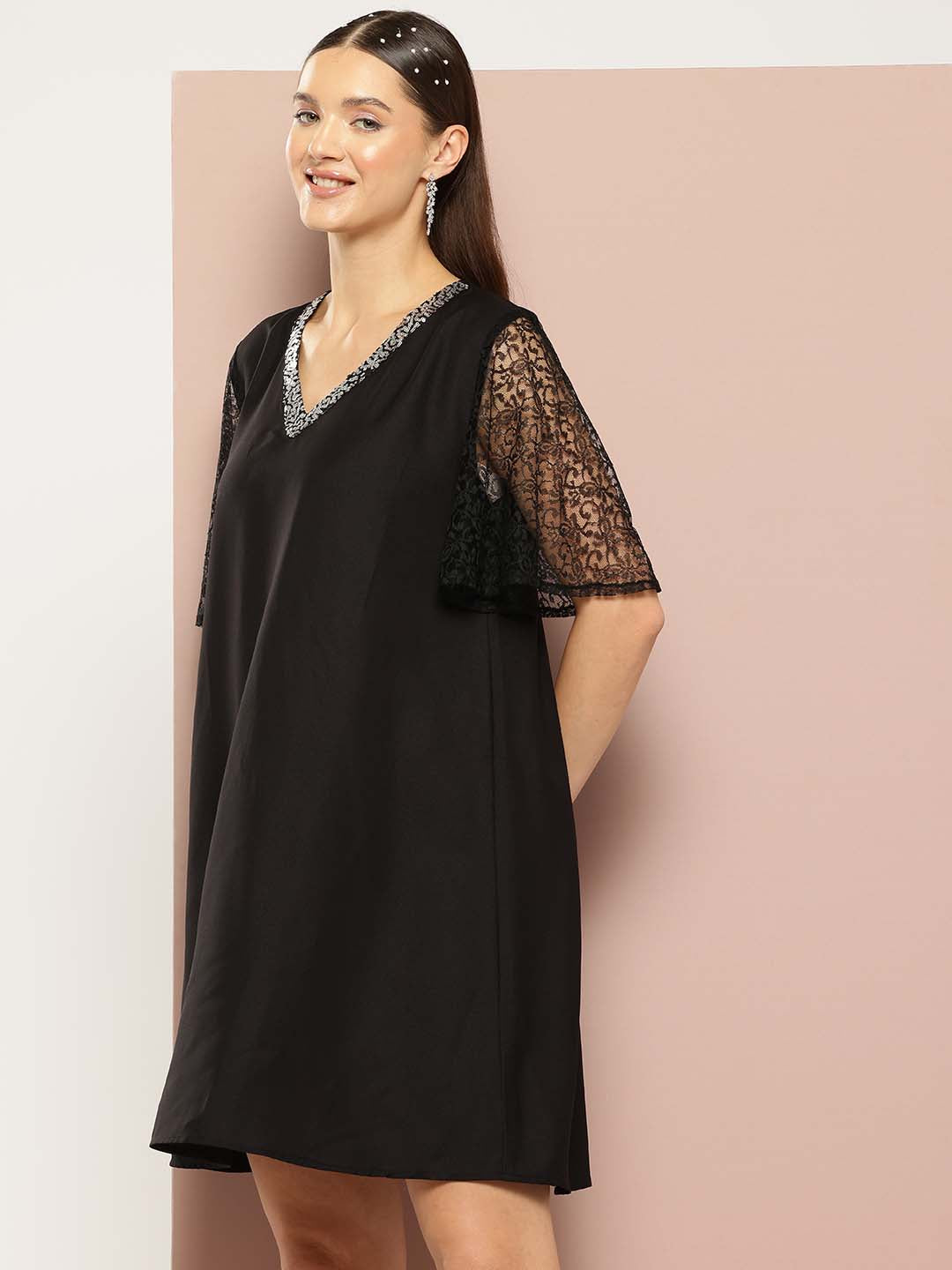 Sequin V-Neck A-Line Dress with Net Sleeves