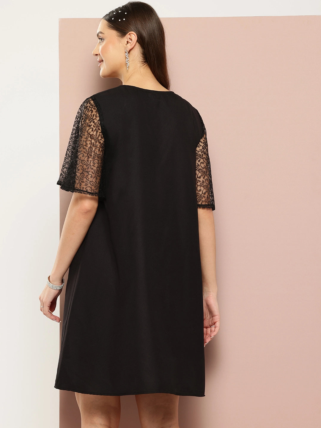 Sequin V-Neck A-Line Dress with Net Sleeves