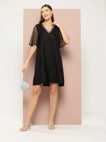Sequin V-Neck A-Line Dress with Net Sleeves