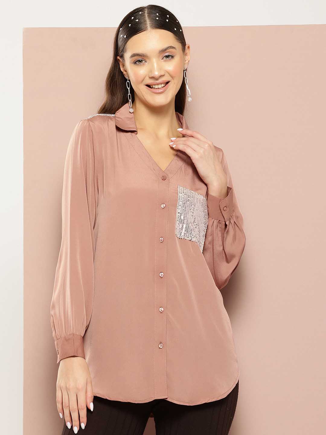 Caramel silk crepe Sequins embelished Shirt