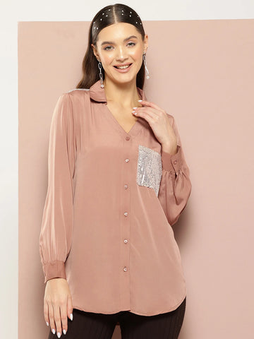Caramel silk crepe Sequins embelished Shirt