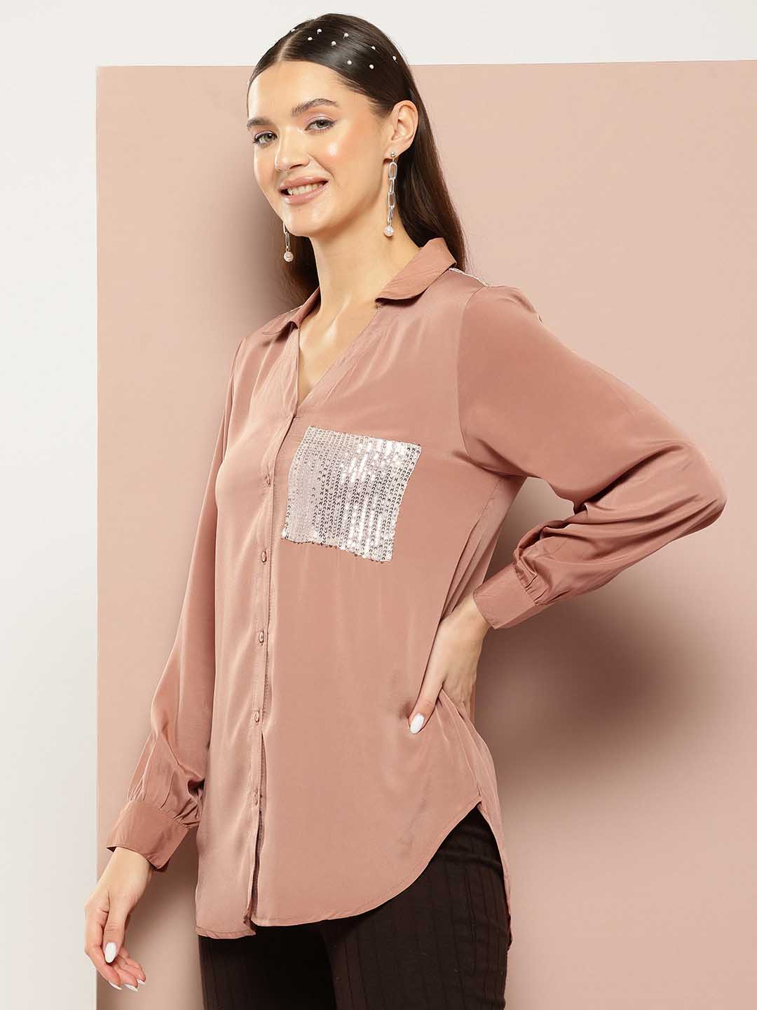 Caramel silk crepe Sequins embelished Shirt