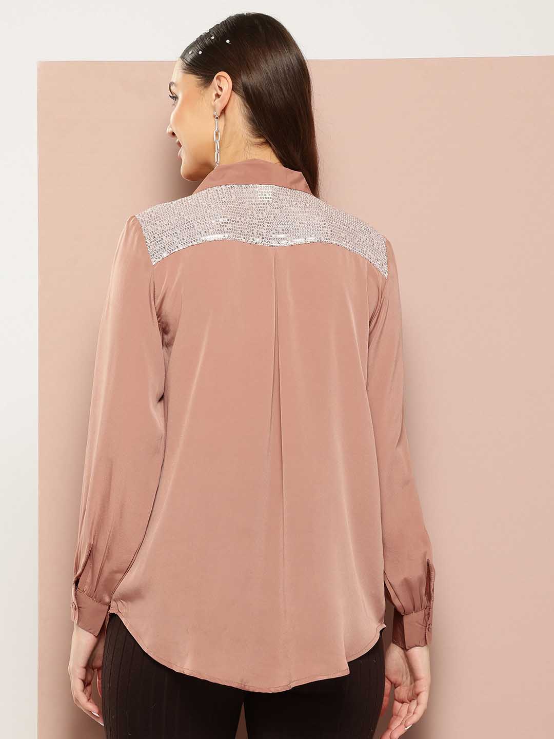 Caramel silk crepe Sequins embelished Shirt