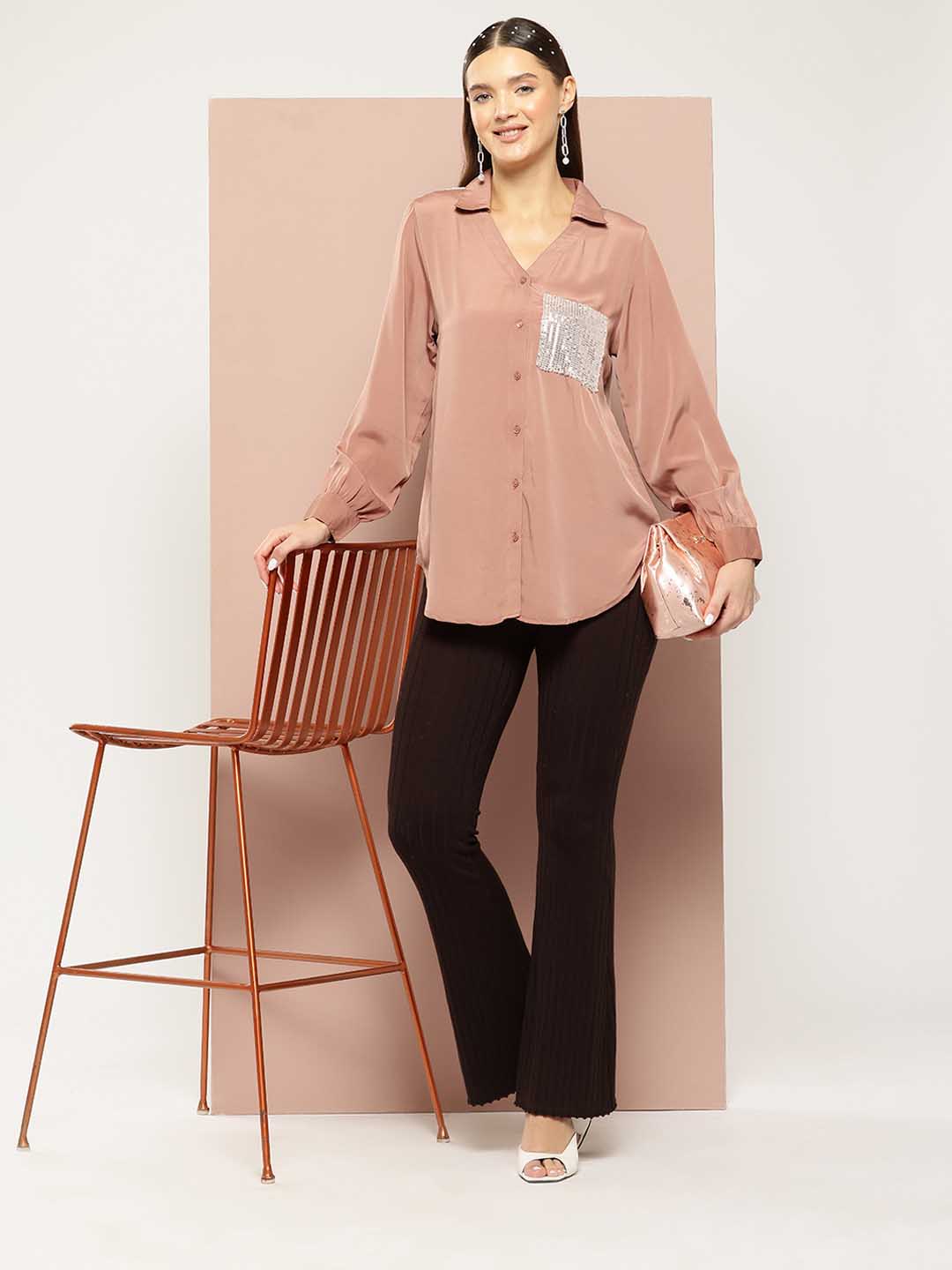 Caramel silk crepe Sequins embelished Shirt