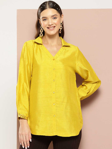 Yellow Silk Shirt embelished with sequins cuff