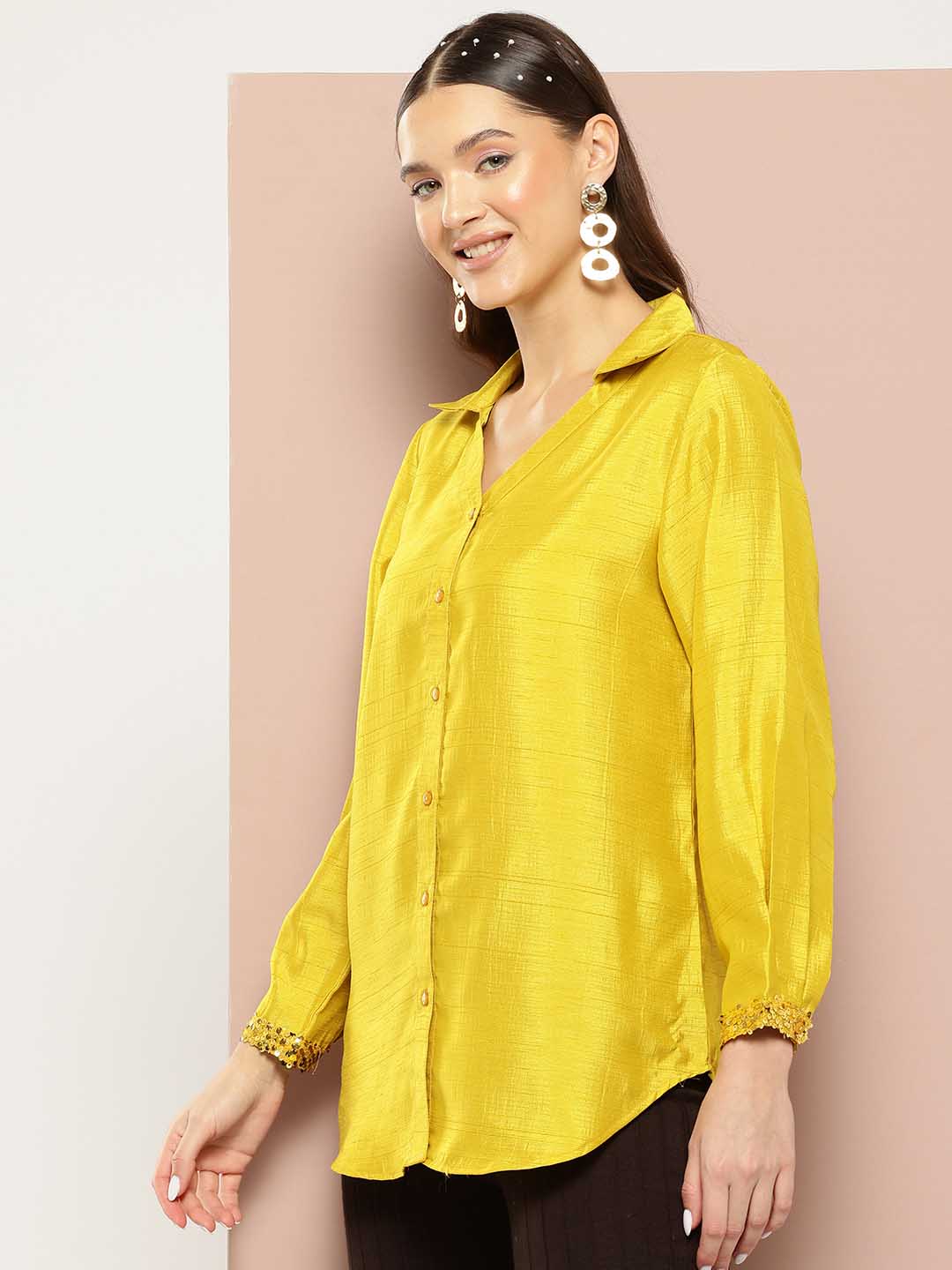 Yellow Silk Shirt embelished with sequins cuff