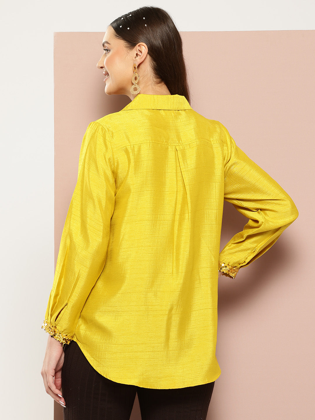 Yellow Silk Shirt embelished with sequins cuff