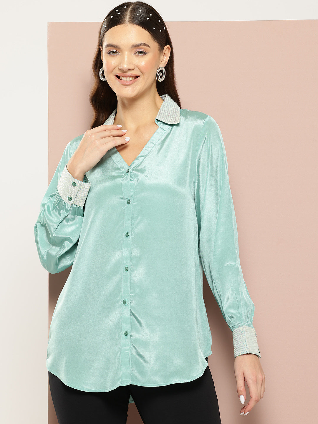 Sea green silk crepe party shirt