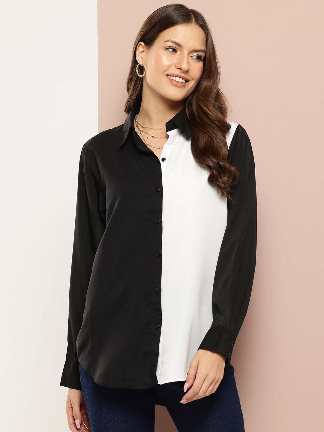 Black and white color blocking full placket shirt