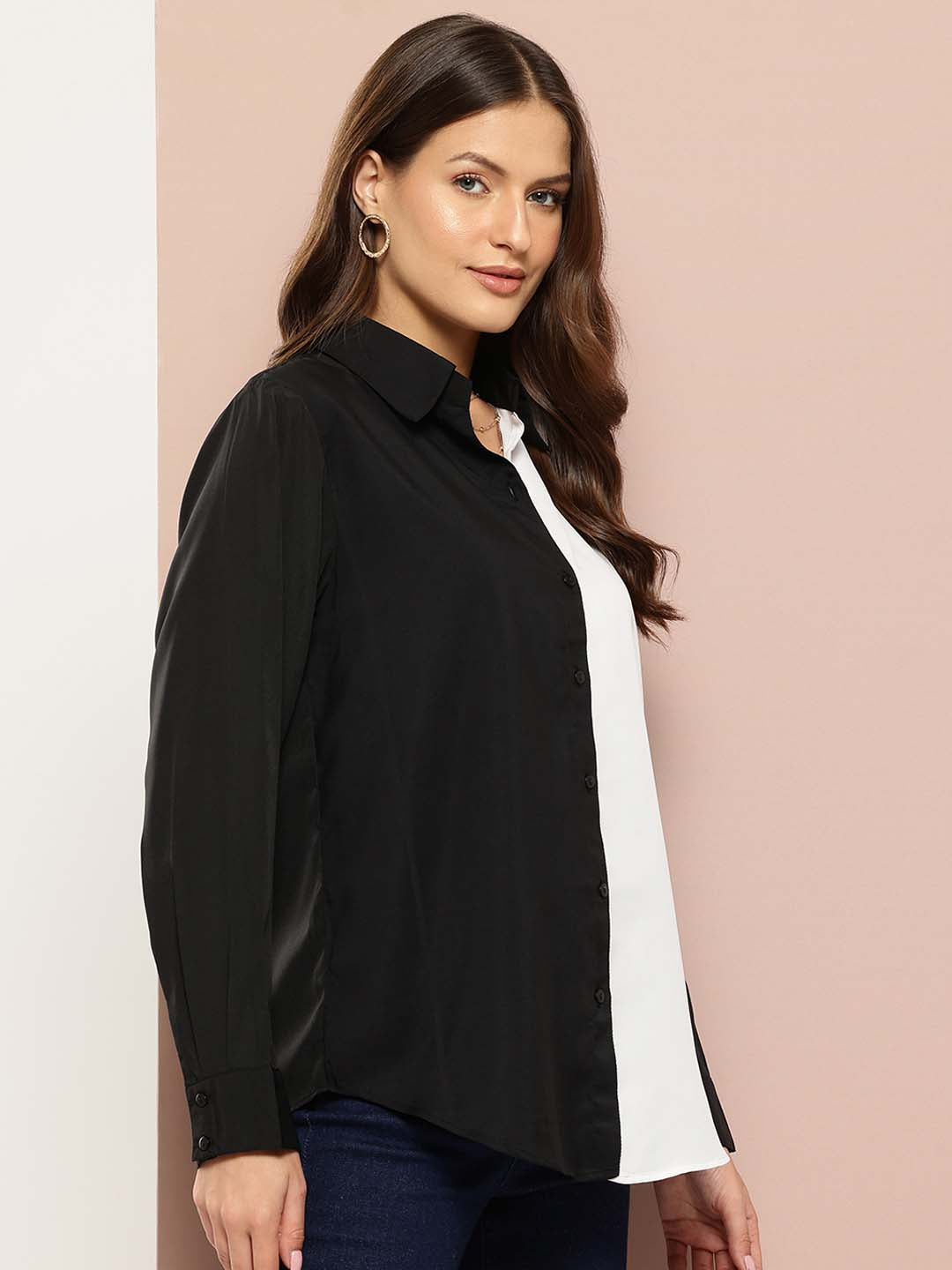 Black and white color blocking full placket shirt