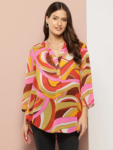 Multi Abstract print half placket maindarin collar shirt