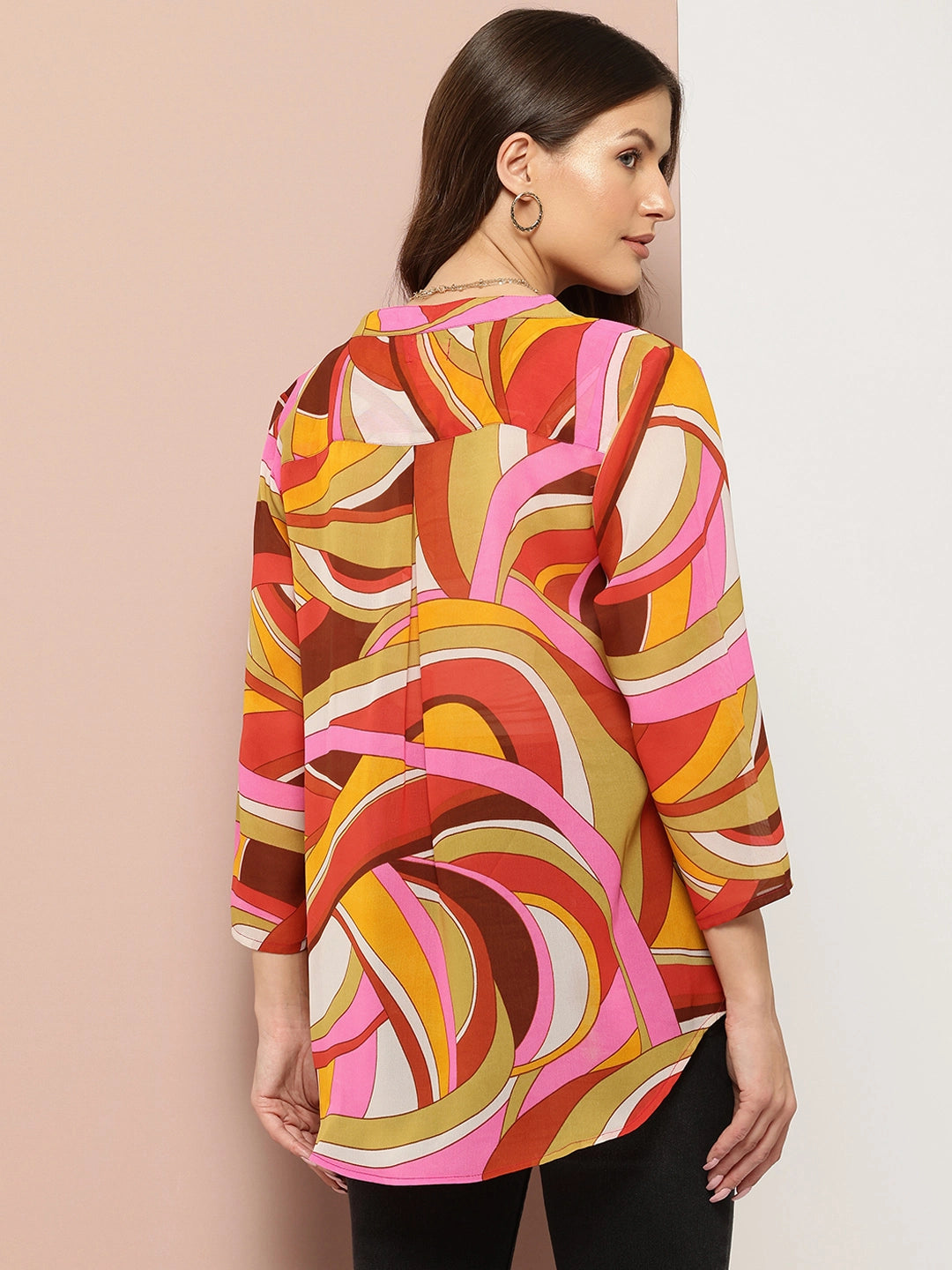 Multi Abstract print half placket maindarin collar shirt