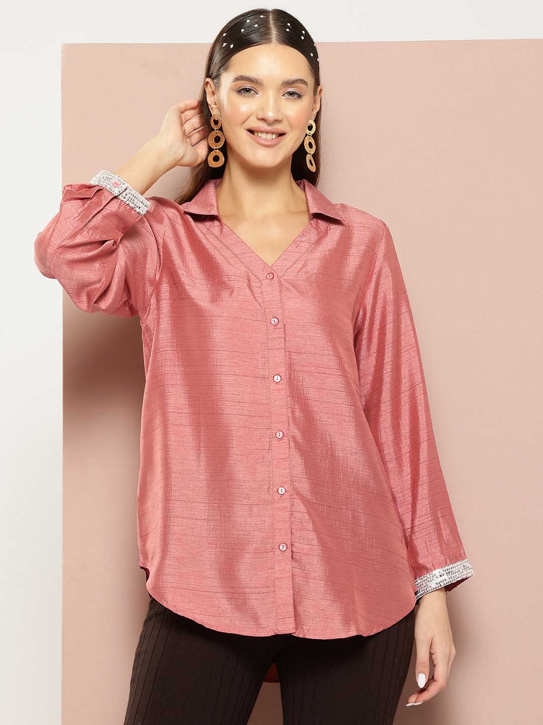 Sequins Embelished silk shirt with V-neck collar