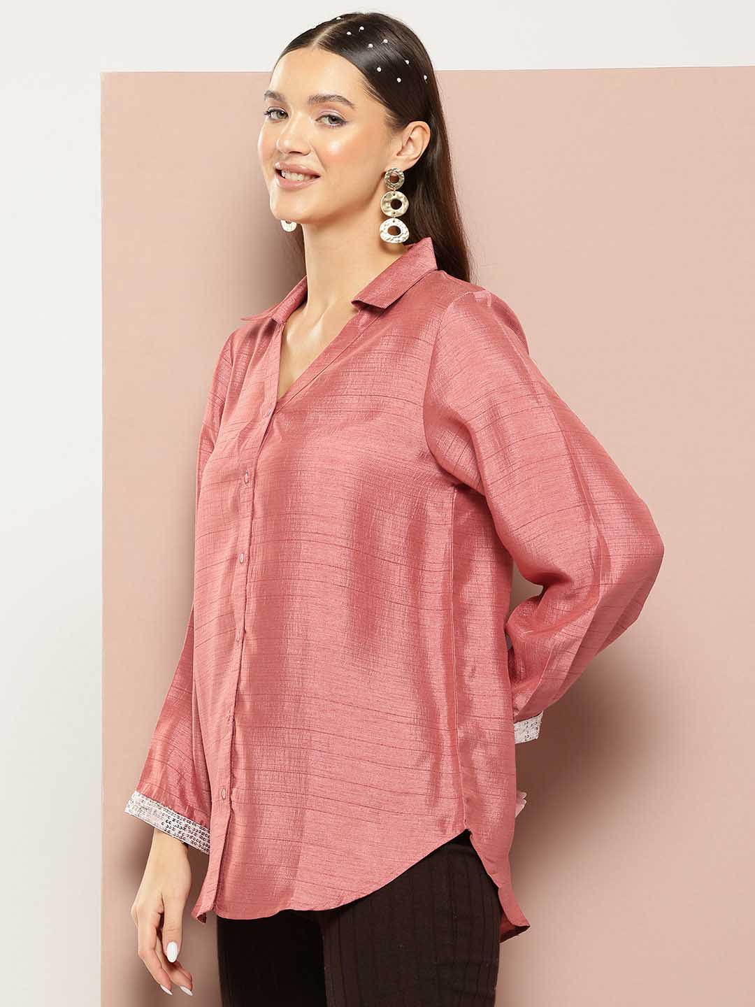 Sequins Embelished silk shirt with V-neck collar