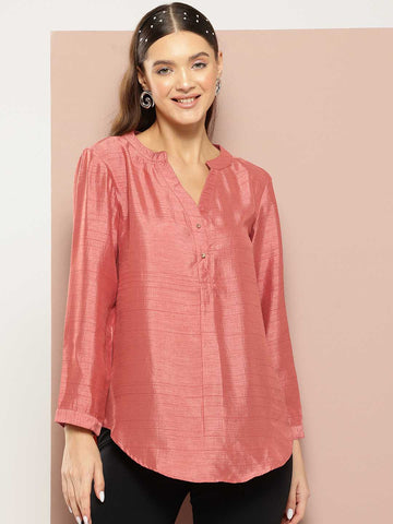 Silk half placket maindarin collar shirt.