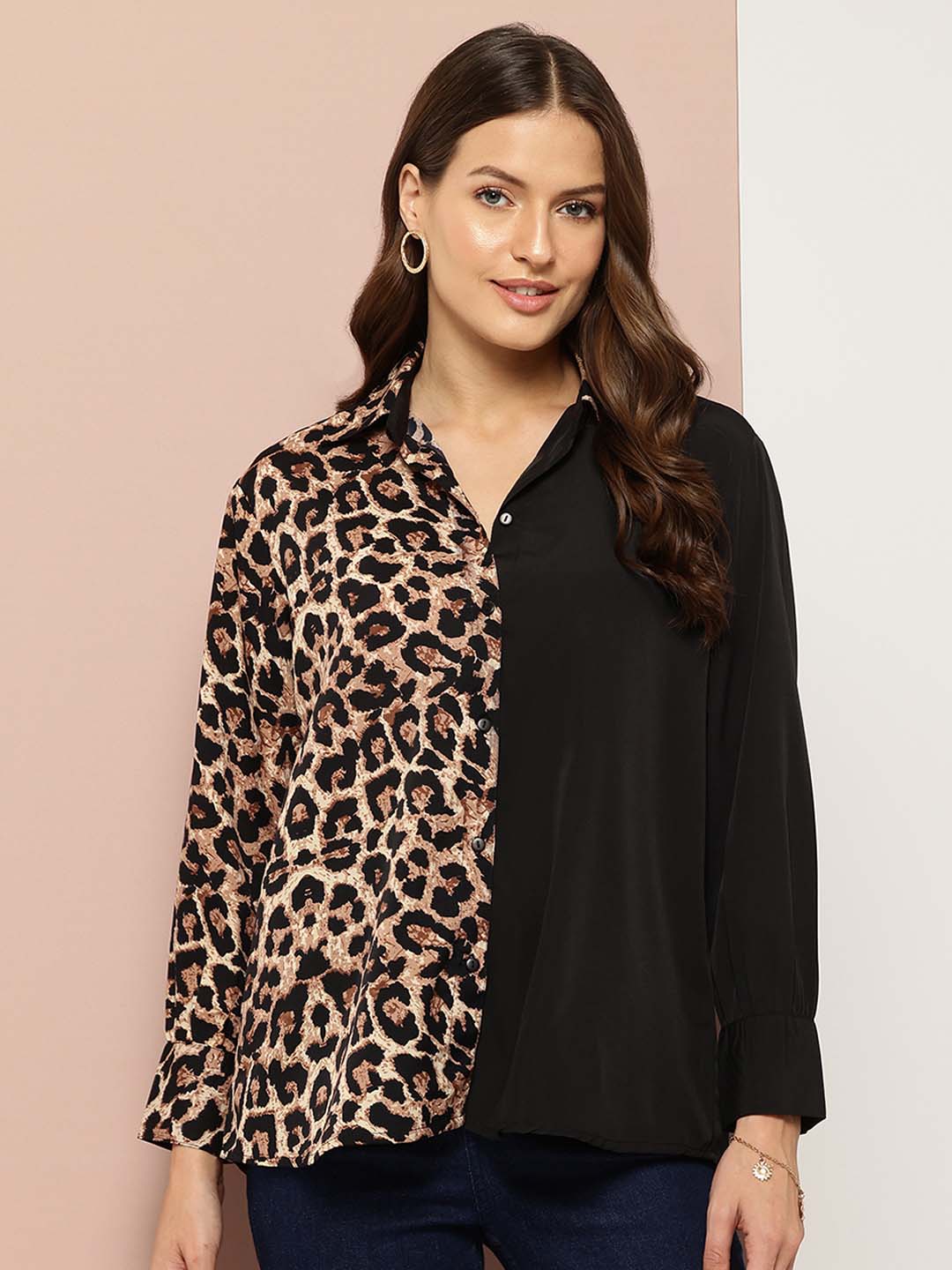 Half Leopard Print & half solid black Shirt