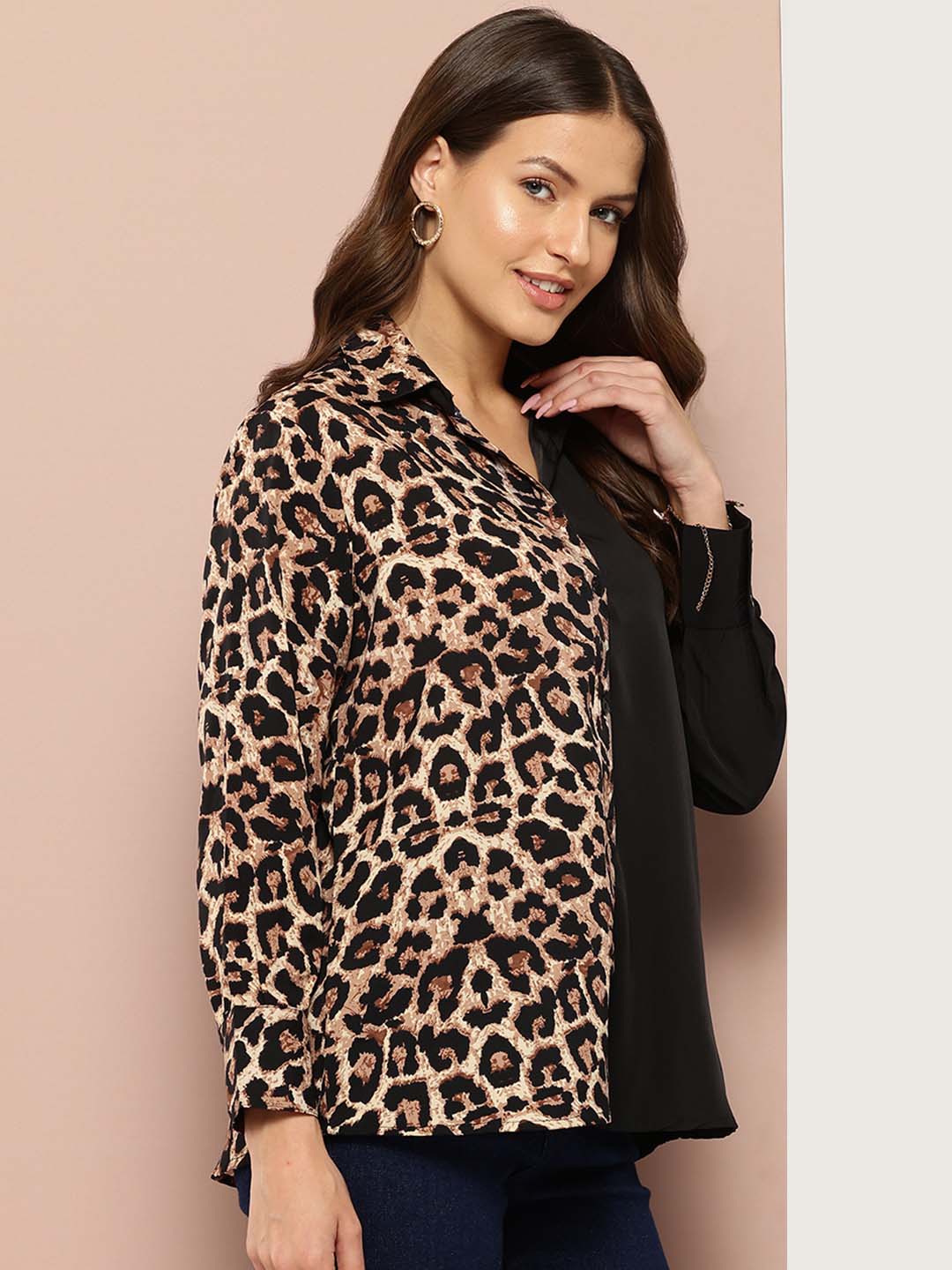 Half Leopard Print & half solid black Shirt