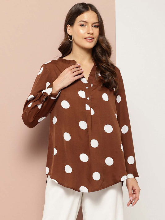 Brown and white big polka dot shirt