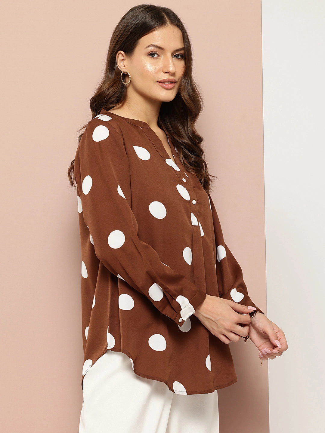 Brown and white big polka dot shirt