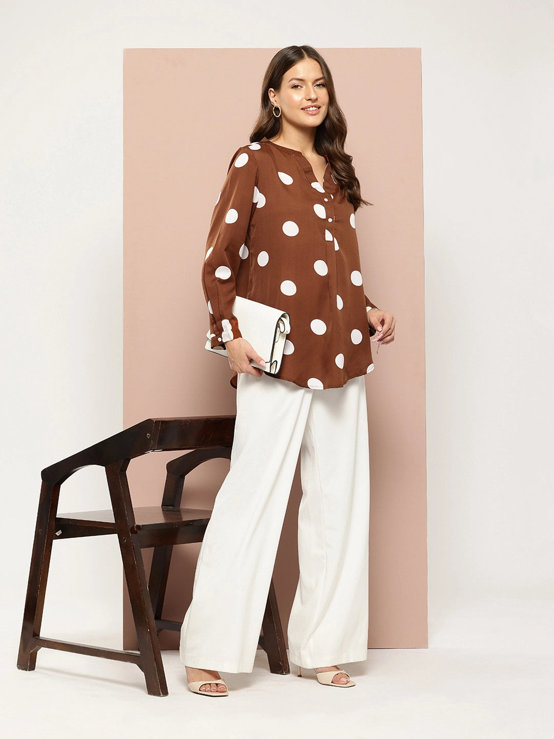 Brown and white big polka dot shirt