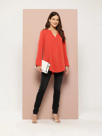 Rust half placket maindarin collar shirt