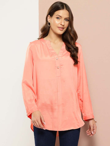 Silk crepe half placket maindarin collar shirt