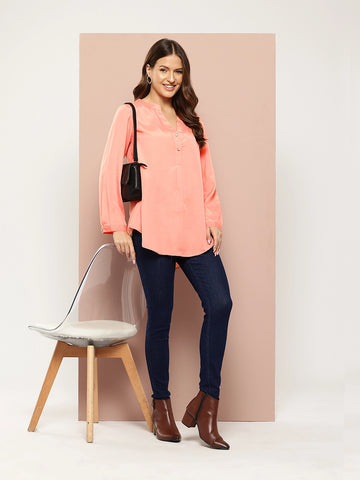 Silk crepe half placket maindarin collar shirt