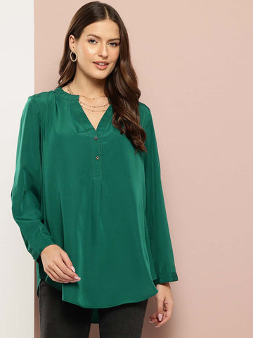 Solid Green crepe half placket maindarin collar shirt