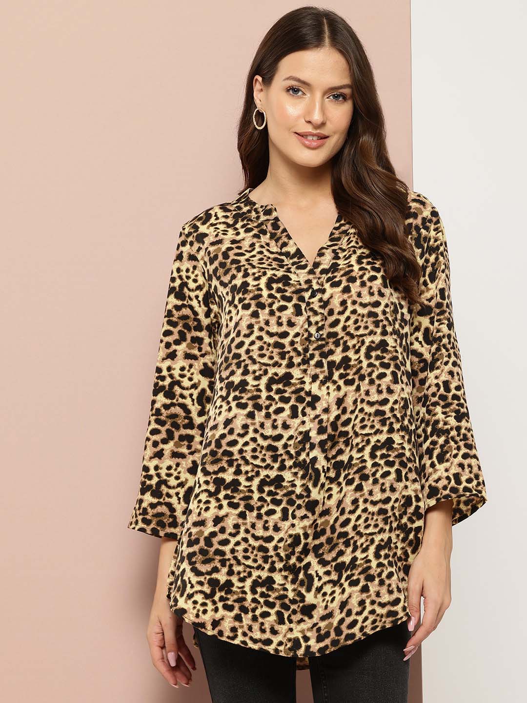 Black and yellow leopard print half placket mandarin collar shirt