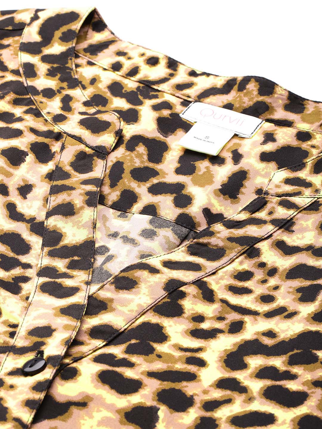 Black and yellow leopard print half placket mandarin collar shirt