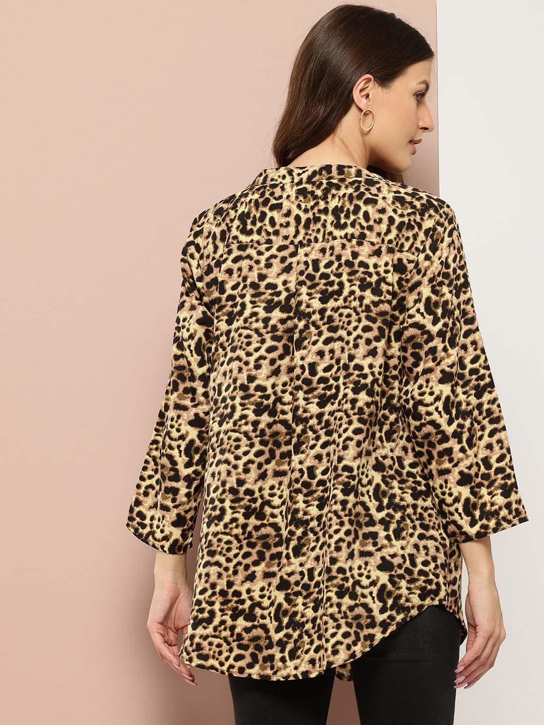 Black and yellow leopard print half placket mandarin collar shirt