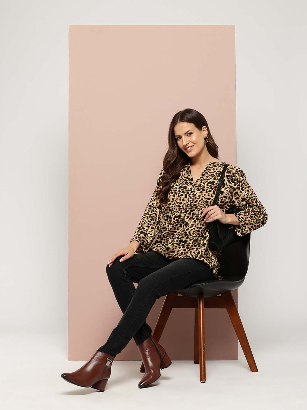 Black and yellow leopard print half placket mandarin collar shirt