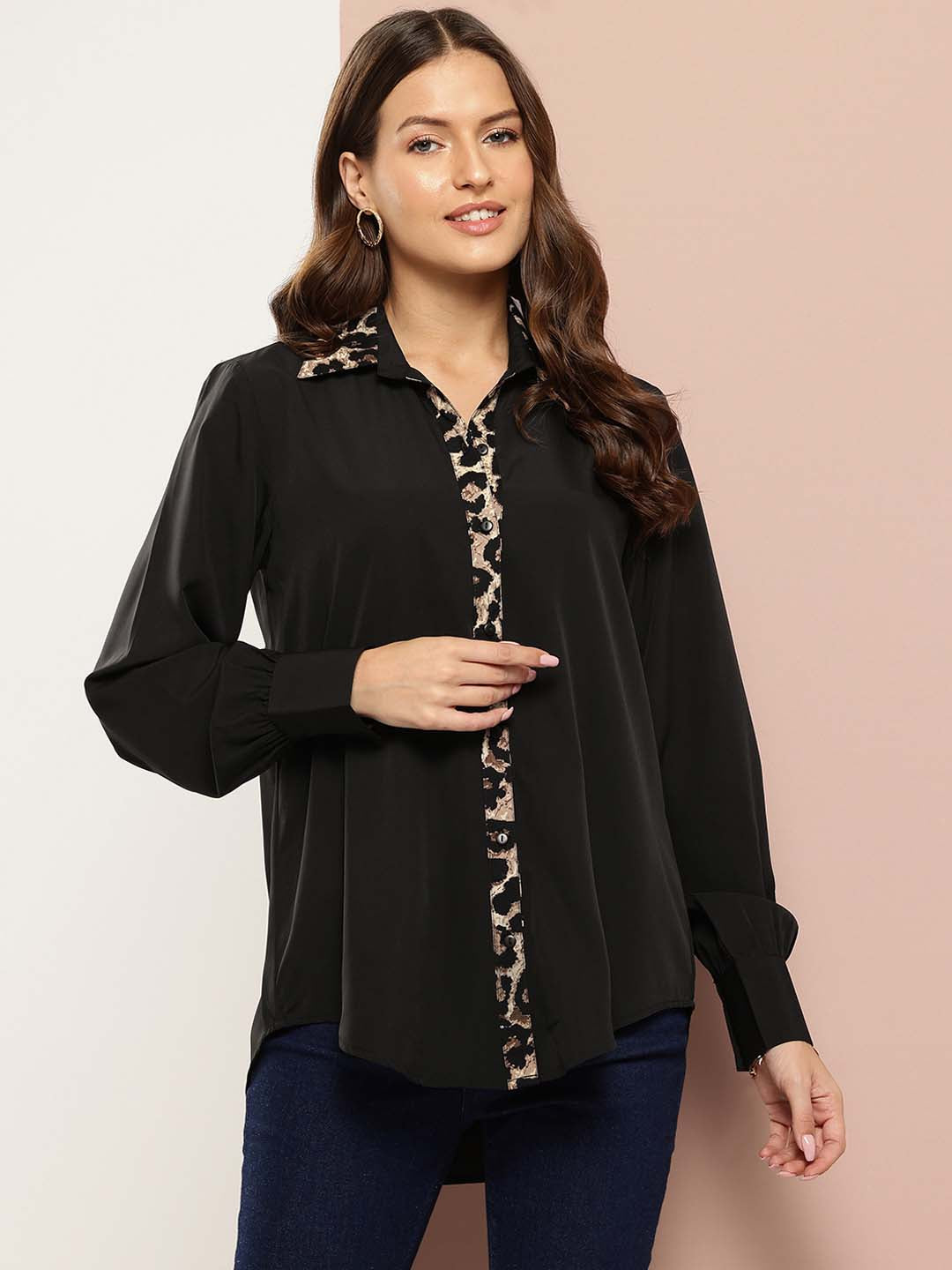 Solid Black shirt with leopard print collar & placket