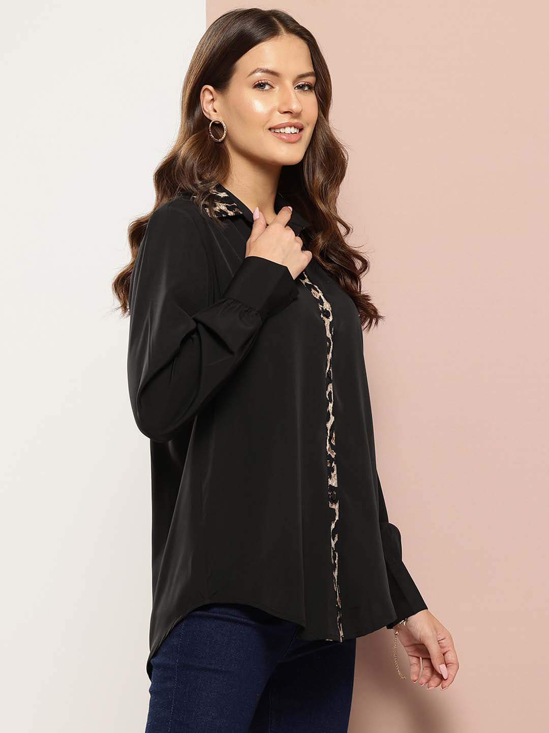 Solid Black shirt with leopard print collar & placket