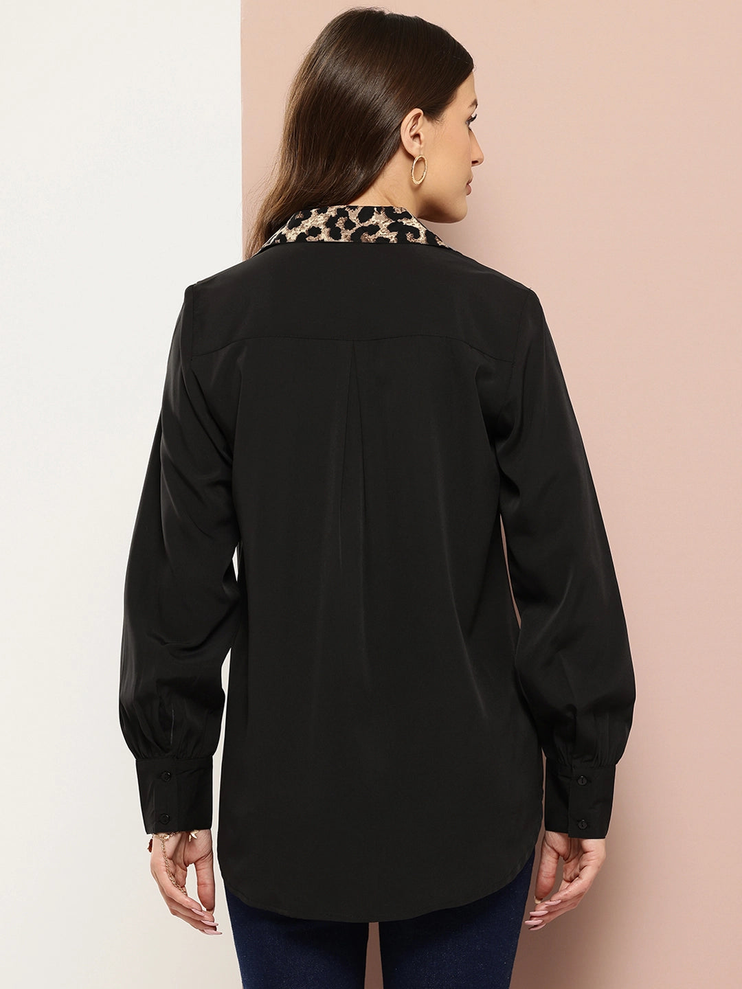 Solid Black shirt with leopard print collar & placket