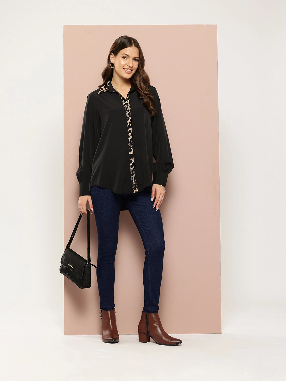 Solid Black shirt with leopard print collar & placket