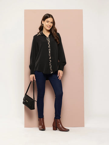 Solid Black shirt with leopard print collar & placket