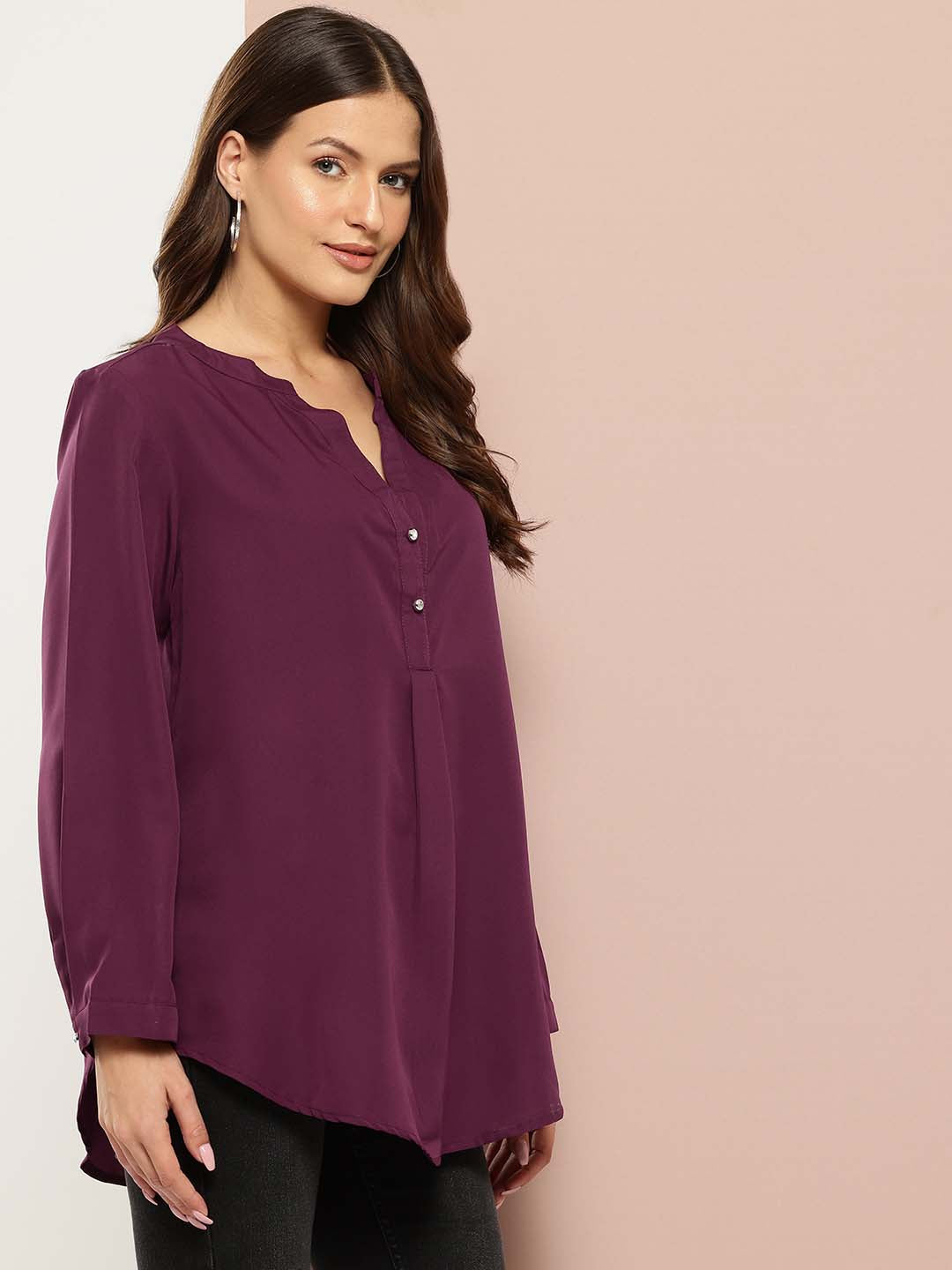 Solid wine half placket mandarin collar shirt