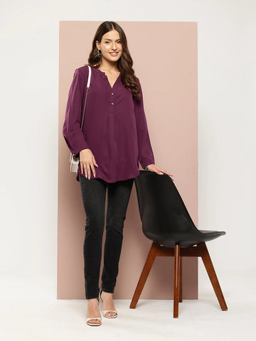 Solid wine half placket mandarin collar shirt