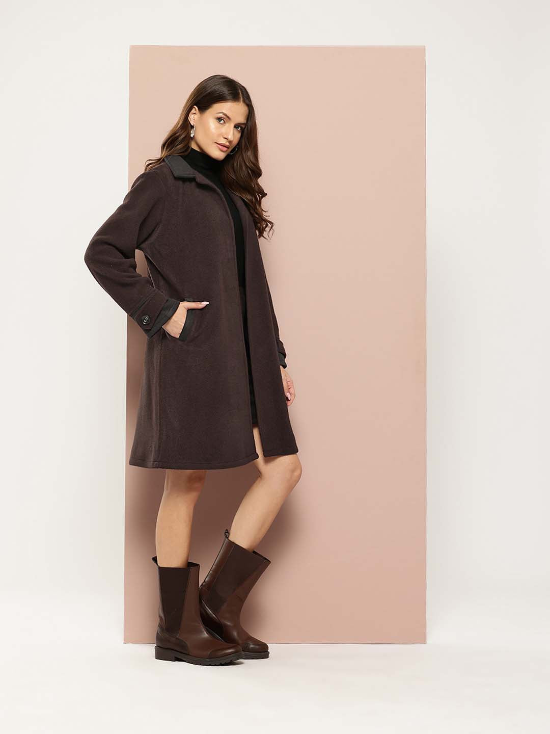 Coffee Brown Long Coat with Side Pockets