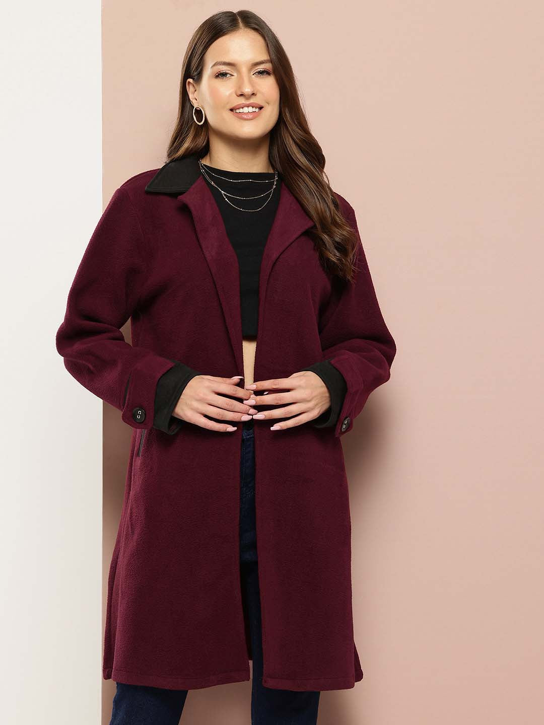 Solid Wine Long Coat with Side Pockets