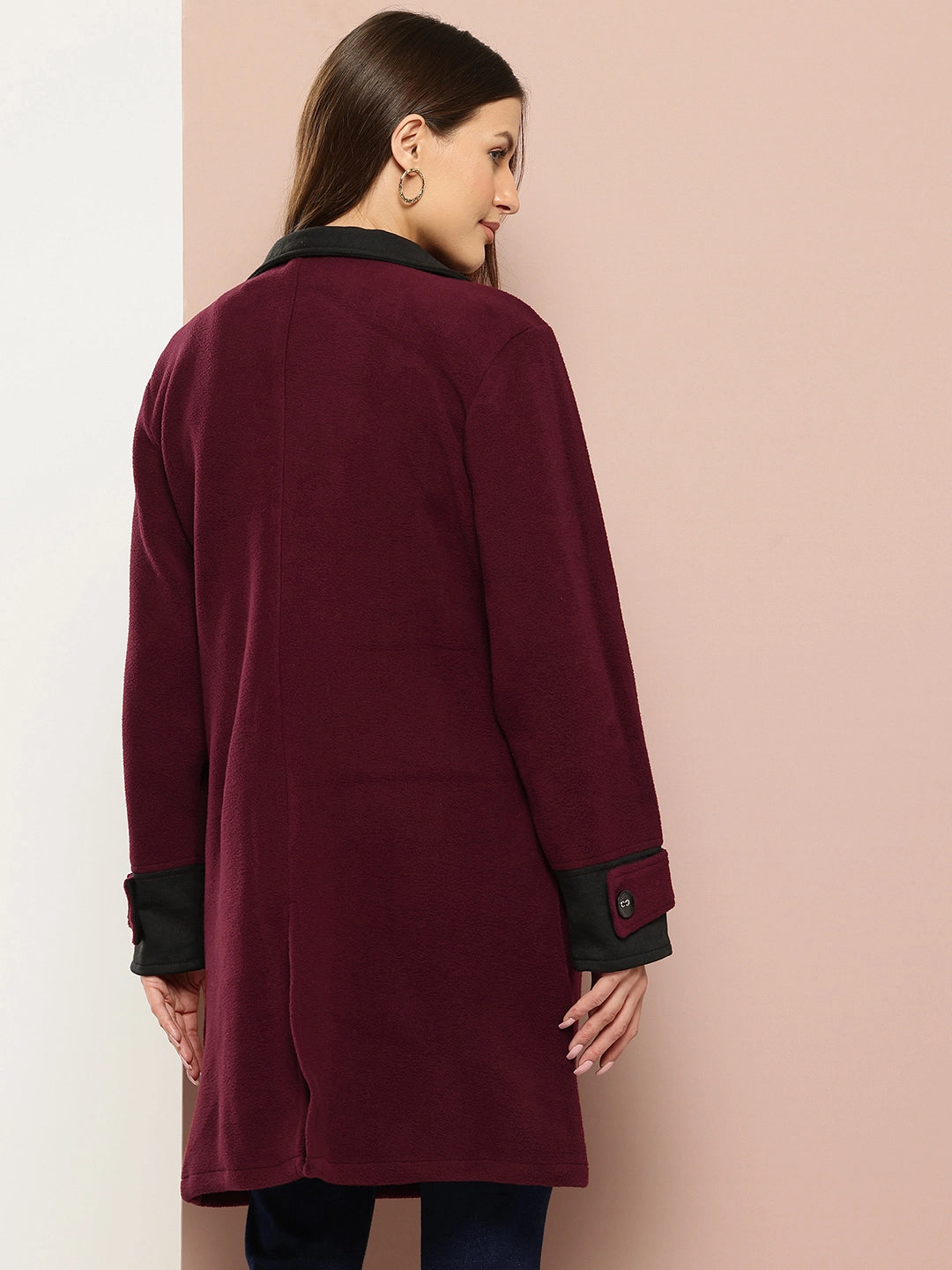 Solid Wine Long Coat with Side Pockets
