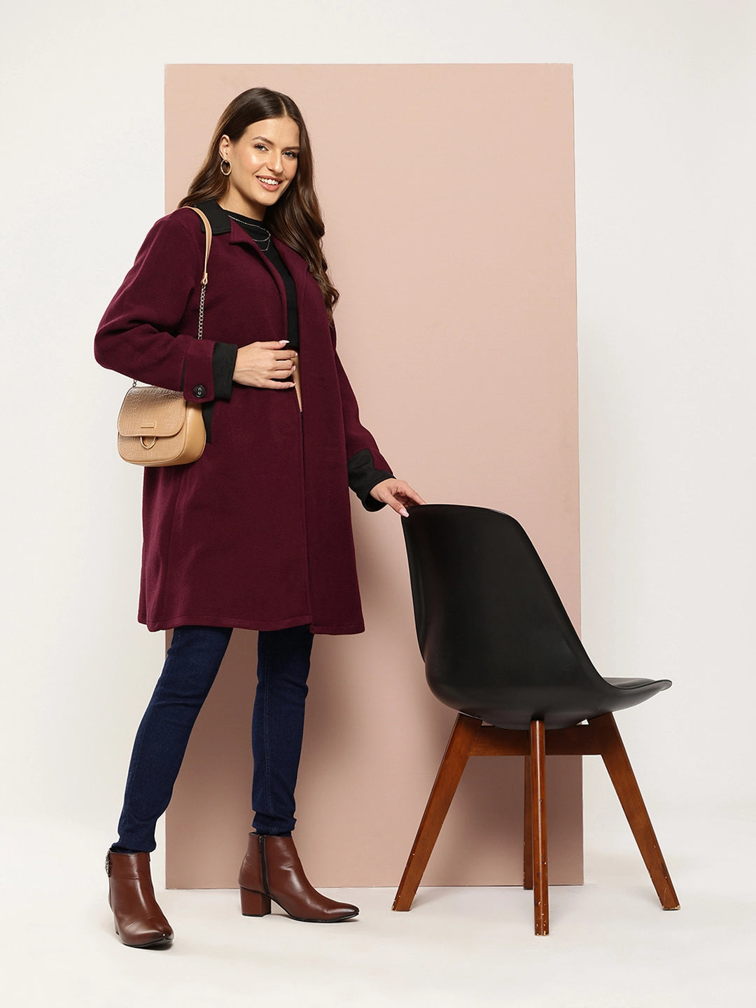 Solid Wine Long Coat with Side Pockets