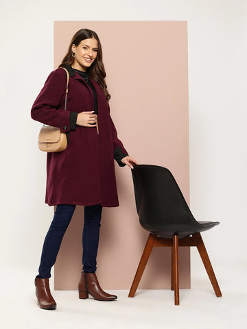 Solid Wine Long Coat with Side Pockets